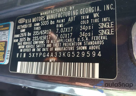 2019 Kia Sorento 2.4L Lx z USA, uszkodzony, nr VIN 5XYPG4A33KG529594